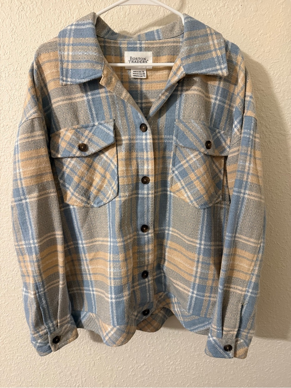 Boston Traders Light Blue and Beige Plaid Button-Up Jacket